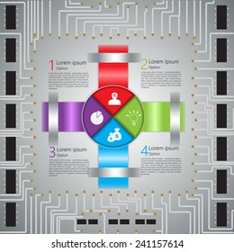 Coloful Circle with Arrow Shapes Design, Business Icon and Text Information, Circuit Board on Abstract Grey Background. Vector Illustration 