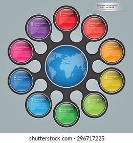 Coloful Circle With Number and Information Text, 10 Options, World Globe, Modern Template Design, Financial and Business Infographic, Workflow/Element Layout Design. Vector Illustration