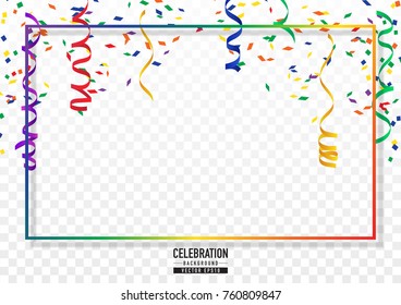 Coloful confetti background with frame in celebration concept.