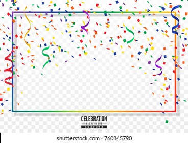 Coloful confetti background with frame in celebration concept.