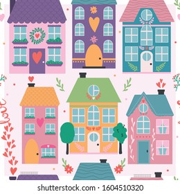 Coloful cute Houses pattern for cards, fabric, posters