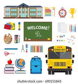 Coloful flat desing with set of stationary elements, school and school bus. Isolated on white background.