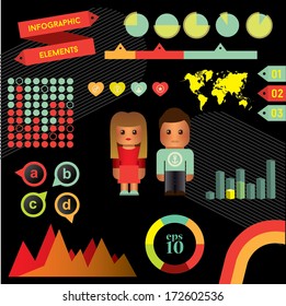 Coloful Graphic Elements For Creating Infographics on black background.