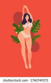 Coloful Minimalist Style Vector Banner Or Poster Template On Body Positivity With Abstract Curvy Woman Silhouette Wearing Bright Underwear, Surrounded By Decorative Floral Elements