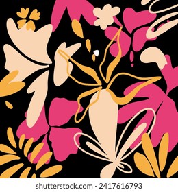 coloful pattern floral pattern textile tropical bicolor faces flower leaves miniprint , with pink, orange and soft pink flower