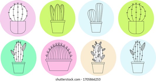 coloful set of cactuses. eight icons of different plants in circles 