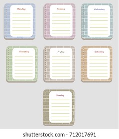The coloful sheets of the planner for weekly planning with the names of the days of the week and brick texture. Diary.Vector illustration. 