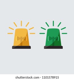 coloful vector green & yellow flashing light cartoon for Police, ambulance, or Firefighters siren sign icon. flat design concept alarm Emergency vehicle lighting isolated symbol. creative idea studio