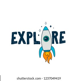 Colofur space card design with rocket. Vector illustration