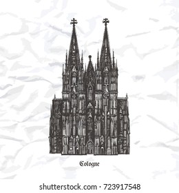 Cologne Cathedra,  Kölner Dom. Roman Catholic cathedral in Cologne, Germany. Monument of German Catholicism and Gothic architecture. Vector hand drawn illustration on crumpled paper background.