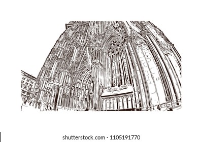 Cologne Cathedral is a Catholic cathedral in Cologne, Northrhine-Westfalia, Germany. Hand drawn sketch illustration in vector.