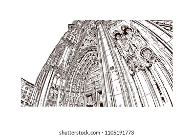 Cologne Cathedral is a Catholic cathedral in Cologne, Northrhine-Westfalia, Germany. Hand drawn sketch illustration in vector.