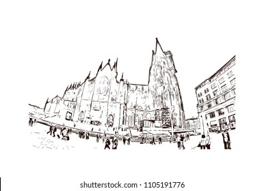 Cologne Cathedral is a Catholic cathedral in Cologne, Northrhine-Westfalia, Germany. Hand drawn sketch illustration in vector.