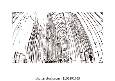 Cologne Cathedral is a Catholic cathedral in Cologne, Northrhine-Westfalia, Germany. Hand drawn sketch illustration in vector.