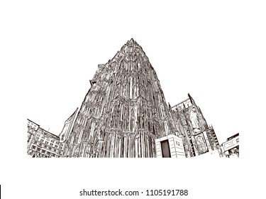 Cologne Cathedral is a Catholic cathedral in Cologne, Northrhine-Westfalia, Germany. Hand drawn sketch illustration in vector.