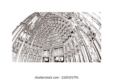 Cologne Cathedral is a Catholic cathedral in Cologne, Northrhine-Westfalia, Germany. Hand drawn sketch illustration in vector.