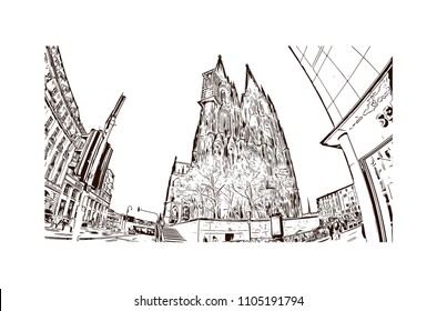 Cologne Cathedral is a Catholic cathedral in Cologne, Northrhine-Westfalia, Germany. Hand drawn sketch illustration in vector.