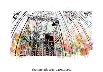 Cologne Cathedral is a Catholic cathedral in Cologne, Northrhine-Westfalia, Germany. Watercolor splash with Hand drawn sketch illustration in vector.