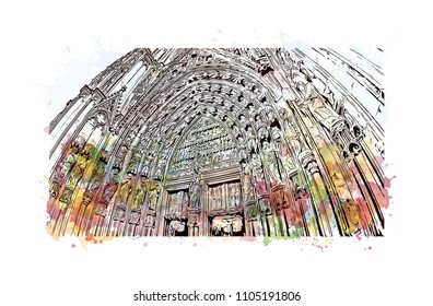 Cologne Cathedral is a Catholic cathedral in Cologne, Northrhine-Westfalia, Germany. Watercolor splash with Hand drawn sketch illustration in vector.