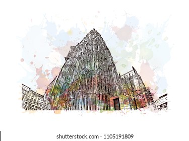 Cologne Cathedral is a Catholic cathedral in Cologne, Northrhine-Westfalia, Germany. Watercolor splash with Hand drawn sketch illustration in vector.