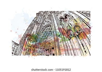 Cologne Cathedral is a Catholic cathedral in Cologne, Northrhine-Westfalia, Germany. Watercolor splash with Hand drawn sketch illustration in vector.