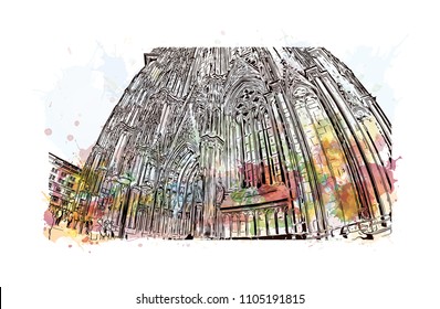 Cologne Cathedral is a Catholic cathedral in Cologne, Northrhine-Westfalia, Germany. Watercolor splash with Hand drawn sketch illustration in vector.