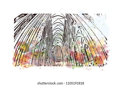 Cologne Cathedral is a Catholic cathedral in Cologne, Northrhine-Westfalia, Germany. Watercolor splash with Hand drawn sketch illustration in vector.