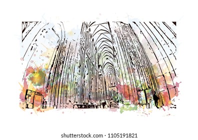 Cologne Cathedral is a Catholic cathedral in Cologne, Northrhine-Westfalia, Germany. Watercolor splash with Hand drawn sketch illustration in vector.