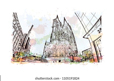 Cologne Cathedral is a Catholic cathedral in Cologne, Northrhine-Westfalia, Germany. Watercolor splash with Hand drawn sketch illustration in vector.