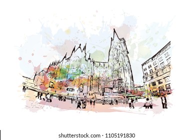 Cologne Cathedral is a Catholic cathedral in Cologne, Northrhine-Westfalia, Germany. Watercolor splash with Hand drawn sketch illustration in vector.