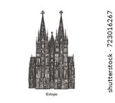 Cologne Cathedral (Kölner Dom). Roman Catholic cathedral in Cologne, Germany. Monument of German Catholicism and Gothic architecture. Vector hand drawn illustration isolated on white background.