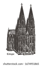 Cologne Cathedral (Kölner Dom). Roman Catholic cathedral in Cologne, Germany. Monument of German Catholicism and Gothic architecture. Vector hand drawn illustration isolated on white background.