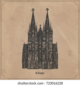 Cologne Cathedral (Kölner Dom). Roman Catholic cathedral in Cologne, Germany. Monument of German Catholicism and Gothic architecture. Vector hand drawn illustration isolated on texture background.