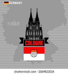 Cologne Cathedral with emblem and flag city on background of Germany map.