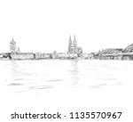 Cologne Cathedral. The Hohenzollern Bridge. Germany. Hand drawn sketch. Vector illustration. 