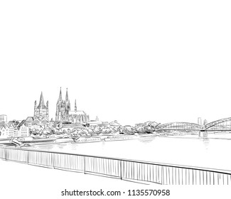 Cologne Cathedral. The Hohenzollern Bridge. Germany. Hand drawn sketch. Vector illustration. 