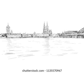 Cologne Cathedral. The Hohenzollern Bridge. Germany. Hand drawn sketch. Vector illustration. 