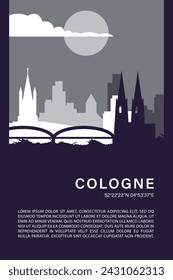 Cologne city minimalistic poster with skyline, cityscape retro vector illustration. Germany town abstract travel front cover, brochure, flyer, leaflet, flier, template, layout