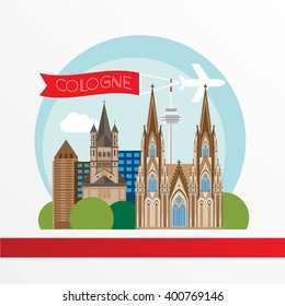 Cologne detailed silhouette. Trendy vector illustration, flat style. Stylish colorful  landmarks. Great St. Martin Church, Cologne Cathedral the symbol of Cologne, Germany. 