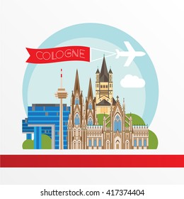 Cologne detailed silhouette. Trendy vector illustration, flat style. Stylish colorful  landmarks. Great St. Martin Church, Cologne Cathedral, Kranhaus the symbol of Germany.