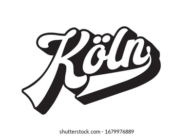 Vector del logo de la ciudad alemana de Colonia. Tipografía moderna Köln. Letrería hecha a mano para ropa, pegatina, recuerdo, publicidad, identidad.  Arte turístico de alta calidad. Viajes y aventuras.