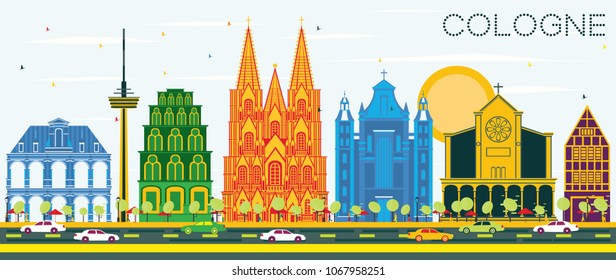 Cologne Germany City Skyline with Color Buildings and Blue Sky. Vector Illustration. Business Travel and Tourism Concept with Historic Architecture. Cologne Cityscape with Landmarks.