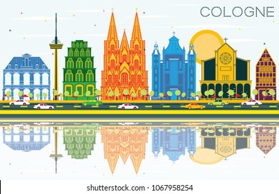 Cologne Germany City Skyline with Color Buildings, Blue Sky and Reflections. Vector Illustration. Business Travel and Tourism Concept with Historic Architecture. Cologne Cityscape with Landmarks.