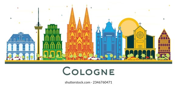 Colonia Alemania City Skyline con Edificios de colores aislados en blanco. Ilustración vectorial. Concepto de viajes de negocios y turismo con arquitectura histórica. Paisaje en Colonia con monumentos.