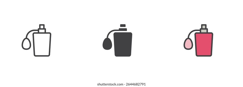 Colônia ou garrafa de fragrância com ícone de gota em linha, estilos de contorno sólido e preenchido. Ícone de barbeiro vetorial para o símbolo do produto pós-barba ou aroma.