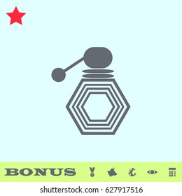 Cologne icon flat. Grey pictogram on blue background. Vector illustration symbol and bonus buttons medal, cow, earth, eye, calculator