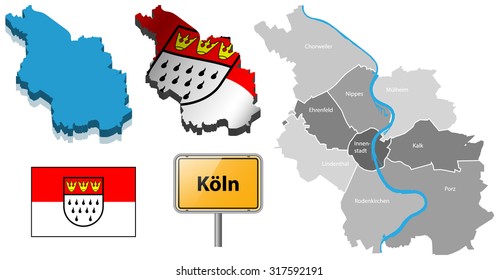 Cologne map with districts, flag and place-name sign vector