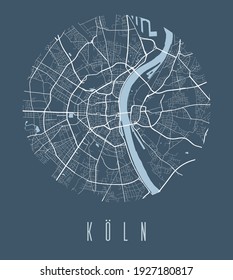 Cologne map poster. Decorative design street map of Cologne city. Cityscape aria panorama silhouette aerial view, typography style. Land, river, highways, avenue. Round circular vector illustration.