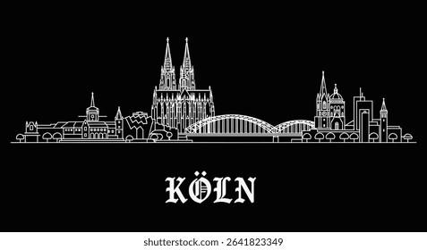 Cologne skyline with Germany, and white line drawing.