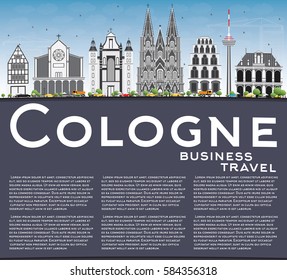 Cologne Skyline with Gray Buildings, Blue Sky and Copy Space. Vector Illustration. Business Travel and Tourism Concept with Historic Architecture. Image for Presentation Banner Placard and Web Site.